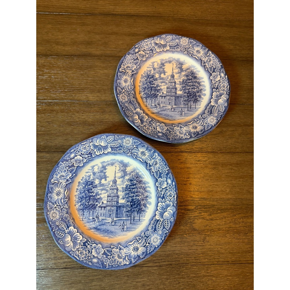Liberty Blue Independence Hall Dinner Plates Set of 2 Blue White Ironstone 10"